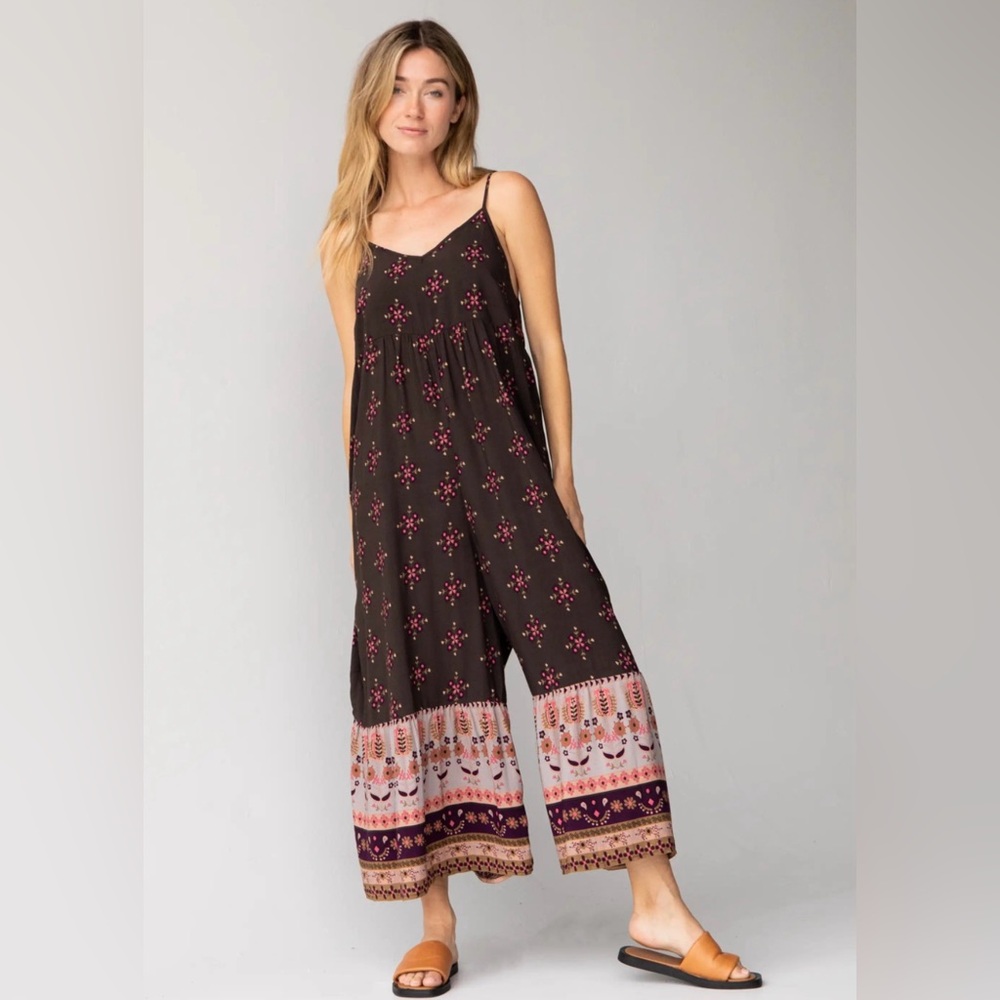 Natural Life|Jamie V Neck jumpsuit in mocha tulip••Boho floral wide leg style,XL